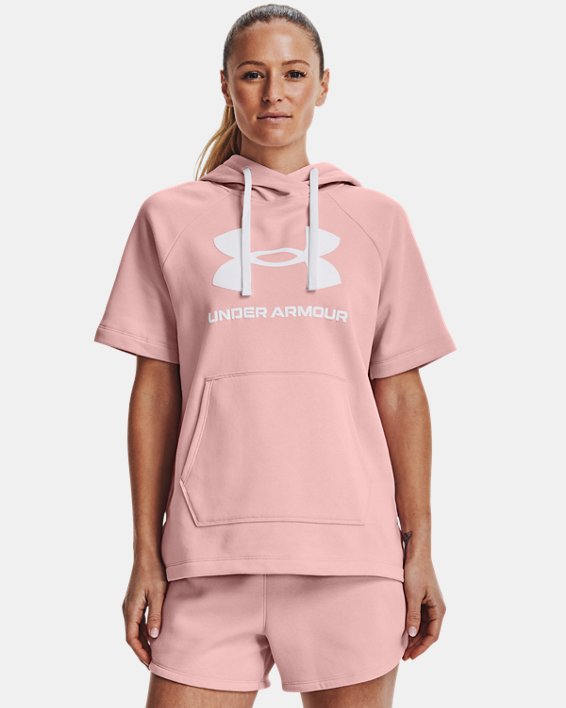 Sweat à capuche et manches courtes UA Rival Fleece pour femme, Pink, pdpMainDesktop image number 0